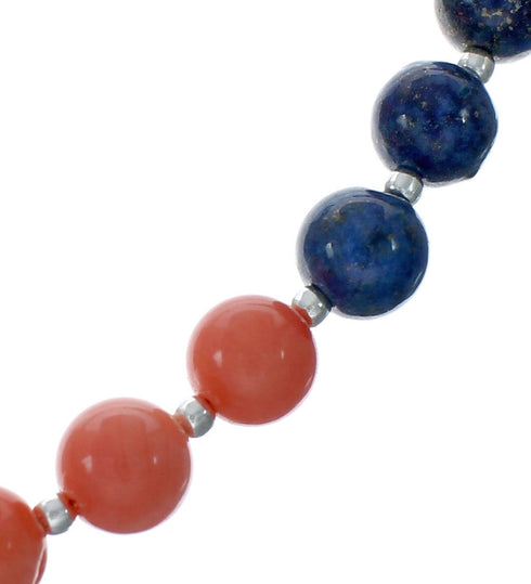 Genuine Pink Coral And Lapis Sterling Silver Navajo Bead Necklace X10286